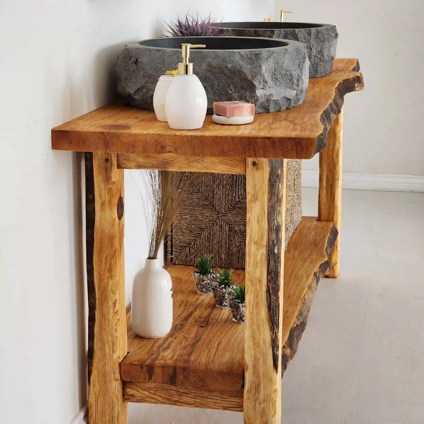 Rustic Bathroom Vanities - Farmhouse Narrow Live Edge Wood Vanity