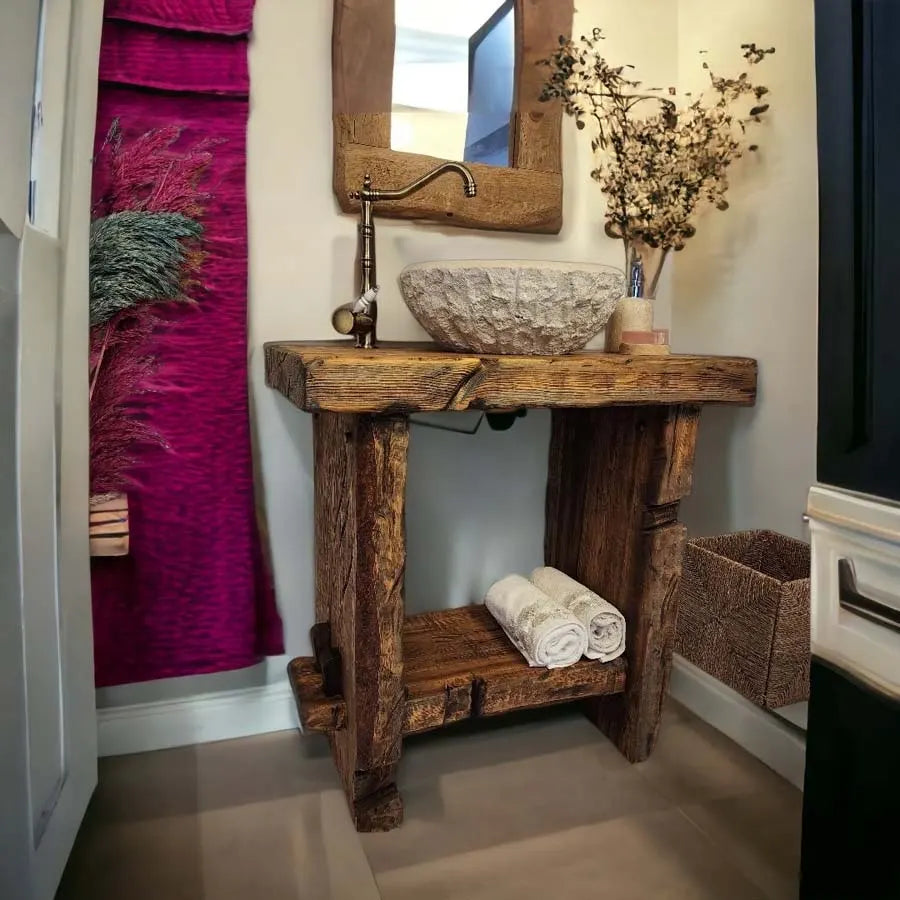 Rustic Bathroom Vanities - Farmhouse Narrow Live Edge Wood Vanity Sink