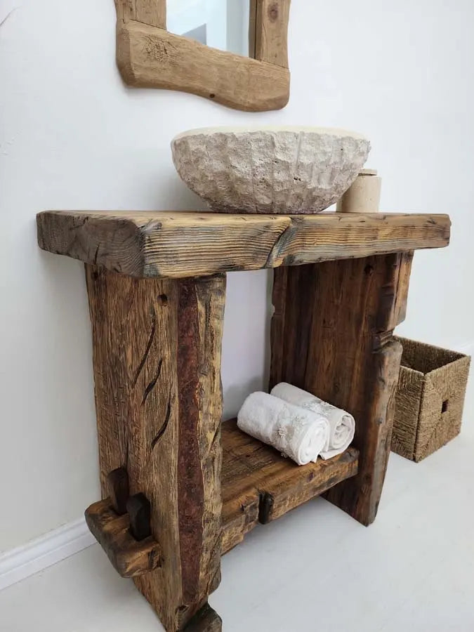 Rustic Bathroom Vanities - Farmhouse Narrow Live Edge Wood Vanity Sink