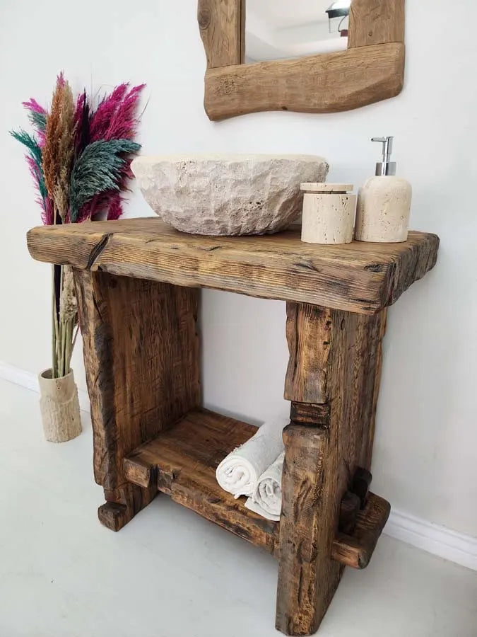 Rustic Bathroom Vanities - Farmhouse Narrow Live Edge Wood Vanity Sink