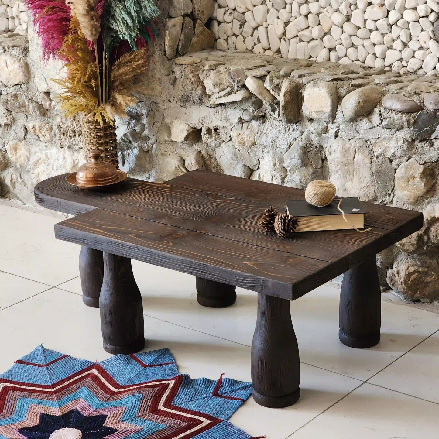 Rustic Coffee Table -Handmade Live edge solid brown top unique