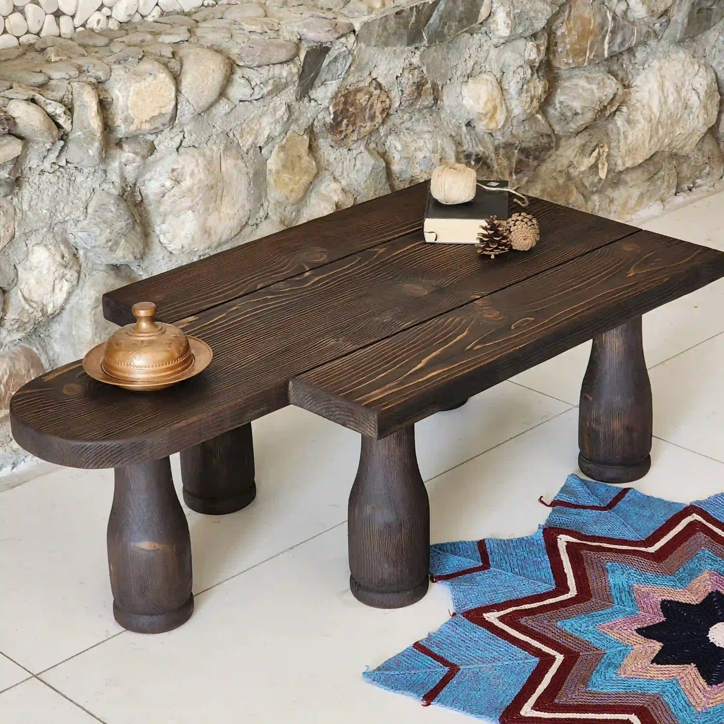 Rustic Coffee Table -Handmade Live edge solid brown top unique